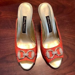 Beverly Feldman orange snake print heels with embellished gold buckle size 5.5